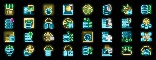 Data storage and management, neon icons illustrating server operations, cloud computing, and database solutions vector