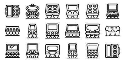 Egg package icons set. Egg cartons holding fresh eggs, open and closed, in various sizes and materials for safe storage and transport vector
