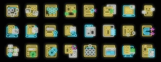 Neon icons representing website building and web design concepts vector