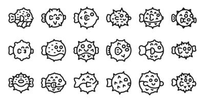 Puffer fish icons set. Collection of puffer fish icons showing various expressions and postures vector