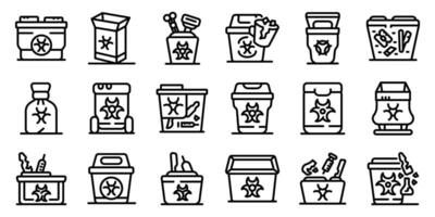 Sharps container icons set. Different containers and bags for collecting medical waste, preventing infection and contamination vector