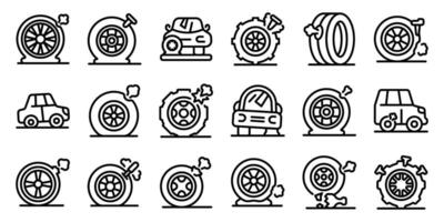 Punctured wheel icons set. Flat tire repairing icons showing fixing process of punctured wheels vector