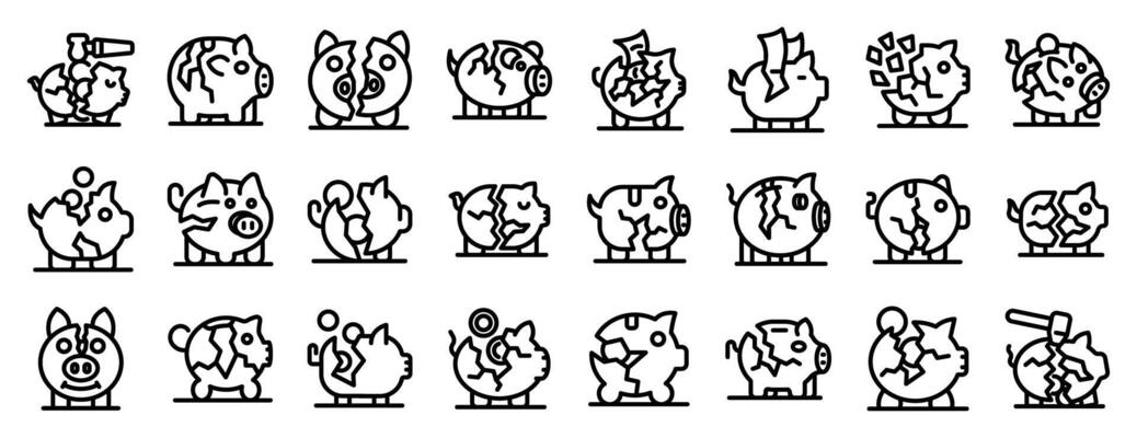 Broken piggy bank icons set. Broken piggy bank icons representing financial crisis and bankruptcy