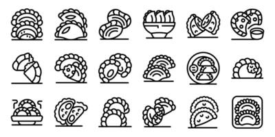 Curry puffs icons set. Various styles of dumplings and savory pastries being cooked, served, and enjoyed vector