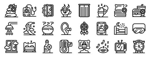 Tips better sleep icons set. Sleep hygiene and routine icons showing healthy habits for better rest vector