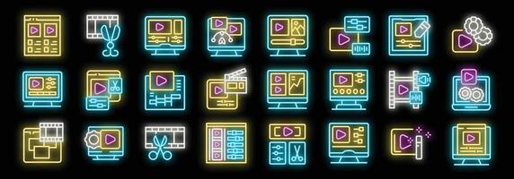 Neon editing icons representing creative process of filmmaking vector
