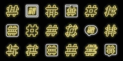 Set of hashtag neon light icons showing different variations of the symbol on black background vector