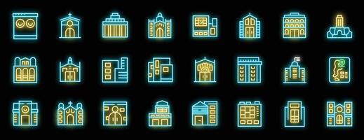 Set of neon glowing building icons representing various architectural styles and purposes vector