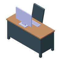Modern office desk with computer and chair isometric view vector
