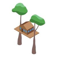 Wooden tree house nestled between two trees in isometric view vector