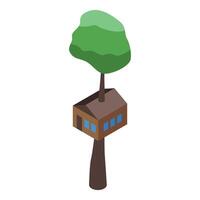 Tree house growing on tall trunk with green foliage in isometric view vector
