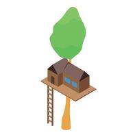 Wooden tree house with ladder and green foliage in isometric view vector