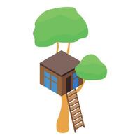 Wooden tree house with ladder and blue windows is standing on a big tree vector