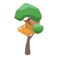 Wooden treehouse perched on lush green tree in isometric view vector