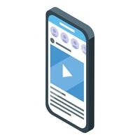 Smartphone showing a social media post with content and user icons in isometric view vector