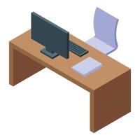 Modern office desk with computer, keyboard, documents and chair vector