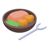 Delicious japanese food with meat, potatoes and spring onions served in bowl with fork vector