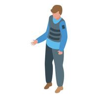 Security guard wearing bulletproof vest making hand gesture vector