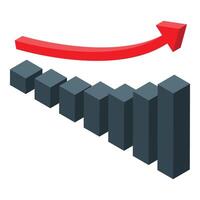 Growing bar graph with isometric red arrow pointing up representing success vector