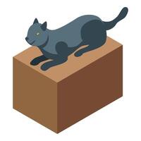 Grey cat relaxing on cardboard box, isometric illustration vector
