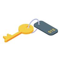Golden key with key ring and room number tag hanging isometric icon vector