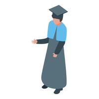 Graduating student wearing academic gown and mortarboard is gesturing with hand vector