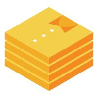 Stack of folded yellow t shirts with orange collar in isometric view vector