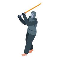 Kendo fighter wearing protective equipment practicing with bamboo sword vector