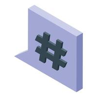 Hashtag symbol is displayed on a purple isometric notification popup vector