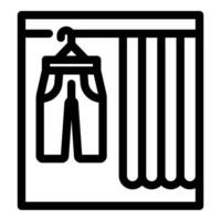 Pants hanging on hanger in wardrobe with curtain, organizing and storing clothes vector