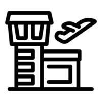 Airplane taking off over airport control tower building, simple line icon vector