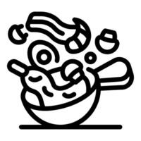 Chef tossing ingredients into wok with mushrooms, bacon, and vegetables vector