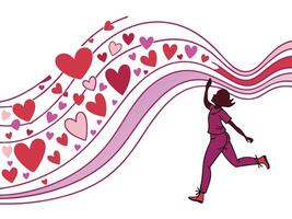 A dynamic wave pattern of hearts transitioning from red to pink to purple, creating a colorful flow, with a clear center for text. vector