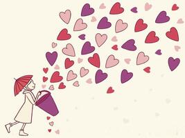 A lively shower of heart-shaped confetti in pink, red, and purple, falling gracefully onto a light, neutral-colored background, with ample space for a message. vector