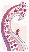 A colorful and dynamic wave of hearts blending from red to pink to purple, leaving the central area blank for text. vector