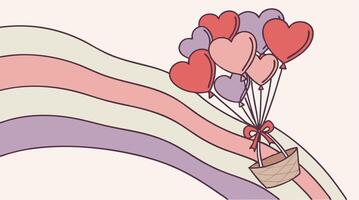 a vibrant pattern of heart-shaped balloons in red, pink, and lavender, floating against a soft gradient background. The balloons should fill the top portion, leaving the center open for text. vector