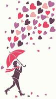 A colorful downpour of heart confetti in shades of pink, red, and purple, showering a soft, neutral background, leaving the middle clear for copy. vector
