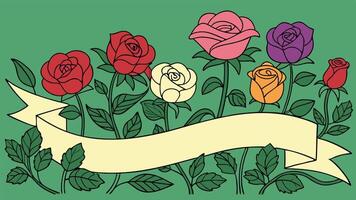 a bold, colorful rose garden with roses in hues of red, pink, yellow, and purple against a green background. Leave plenty of space in the center for a romantic message. vector
