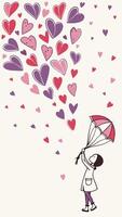 A delightful shower of heart confetti in shades of pink, red, and purple, falling softly onto a light neutral background, with space at the center for text. vector