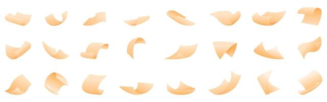 Flying curled paper icons set. Flying paper sheets waving in the wind set vector