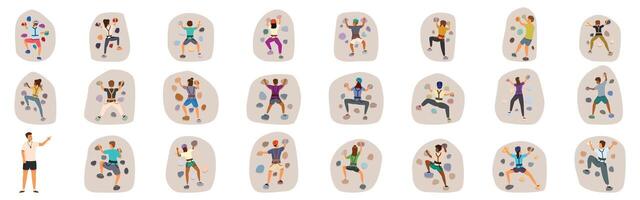 Kids climbing wall icons set. Climbers practicing on climbing wall with instructor giving instructions vector