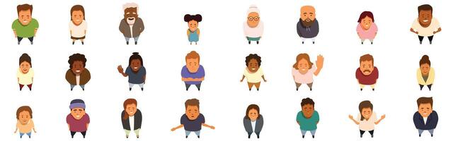 Top view people looking up icons set. Diverse crowd of people looking up, top view perspective vector