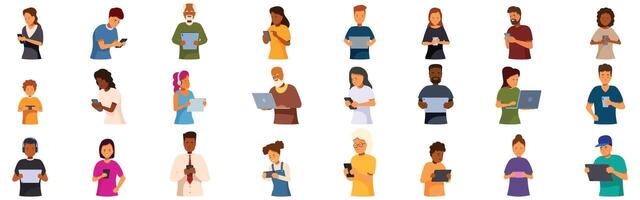 Gadget addiction icons set. People using mobile devices and laptops, communicating and accessing information vector