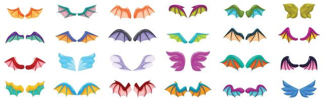 Dragon wings icons set. Colorful cartoon wings set for fantasy games and projects vector