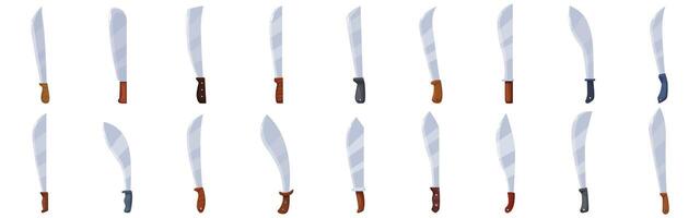 Machete knife icons set. Set of machete knives with wooden and plastic handles displaying various blade styles vector