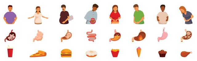Bloating icons set. Overeating causing stomach ache and digestive problems vector