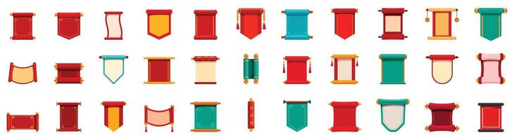 Chinese hanging scroll icons set. Chinese scroll icons showing blank paper for asian calligraphy or proclamation vector