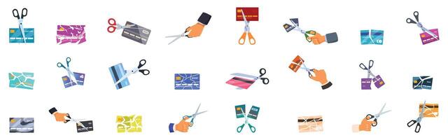 Cutting credit card icons set. Businessman cutting credit card with scissors, preventing online shopping addiction and overspending vector