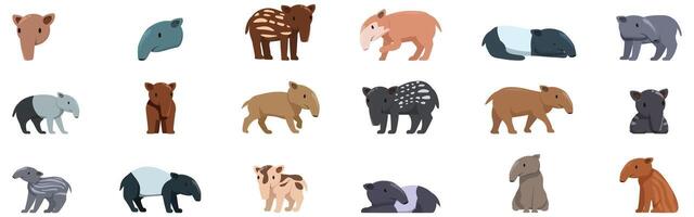 Tapir icons set. Collection of cute tapirs in different poses and colors vector