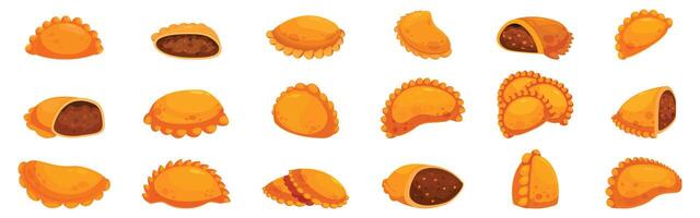 Curry puffs icons set. Empanadas filled with delicious ingredients appearing in various forms and positions vector
